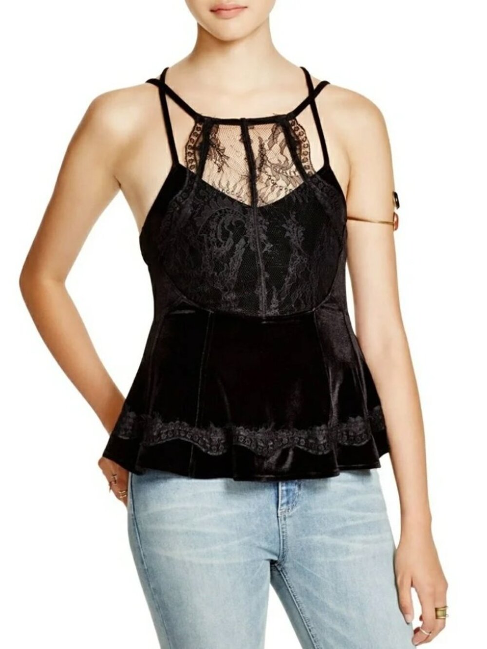 Free People Adalia Velvet Peplum Top Black Lace Strappy Boho XS - Picture 3 of 9